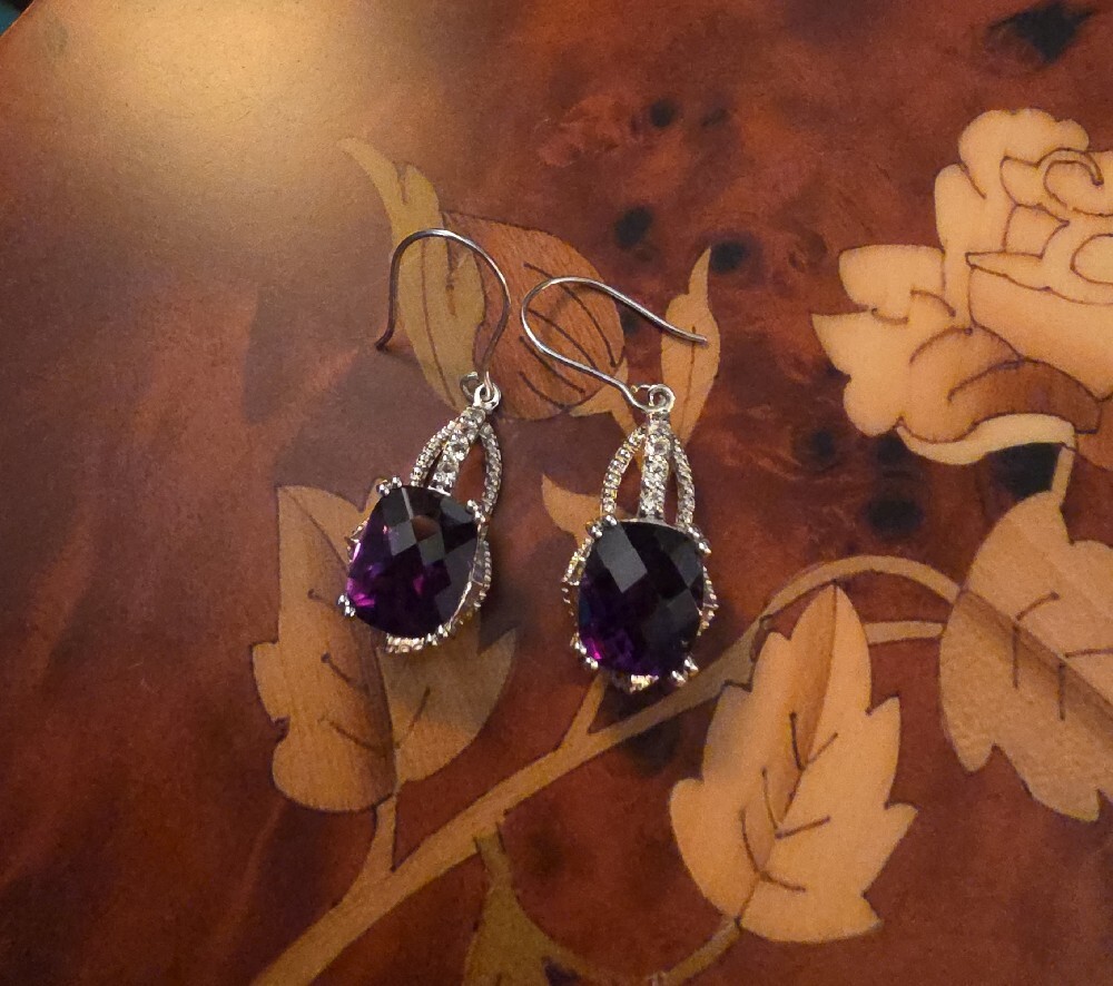 JTV Amethyst And White Topaz Rhodium Over Silver Dangle Earrings
